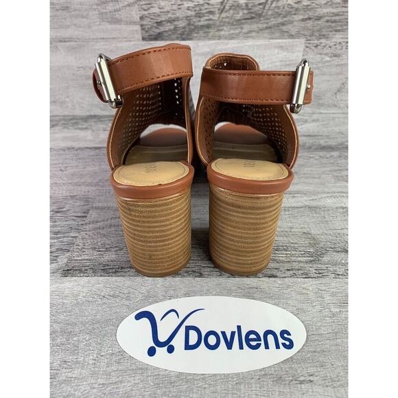 Nine West Womens Peep Toe Slingback Sandals Size 7.5M Brown Laser Cut Block Heel - Picture 4 of 5